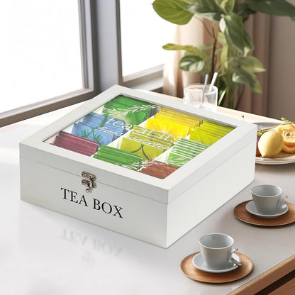 Tea Box Organizer,Wood Tea Bag Holder Organizer,Modern Teas Bag Storage with 9 Compartments and Glass Cover for Home Office Gift