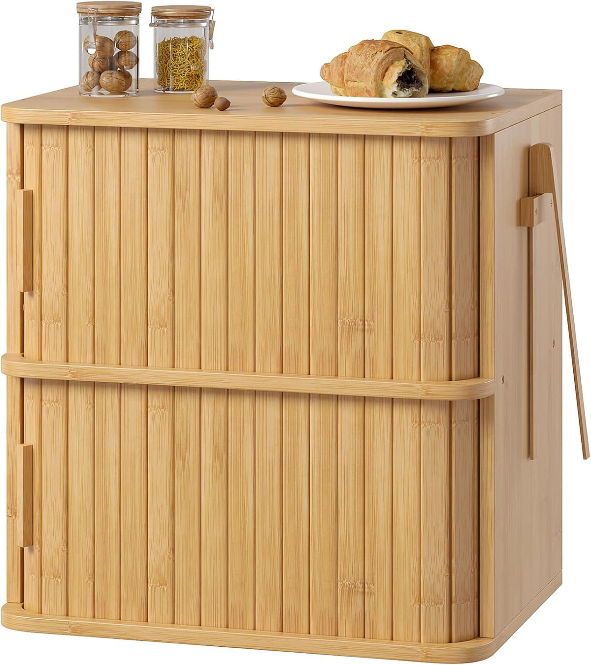 WOWLIVE Bread Box for Kitchen Countertop, Large Roll Top Bread Boxes with Sliding Door, Airtight Bread Storage Container for Loaves, Pastries & Bagels, Bamboo Counter Organizer (Natural, Medium)