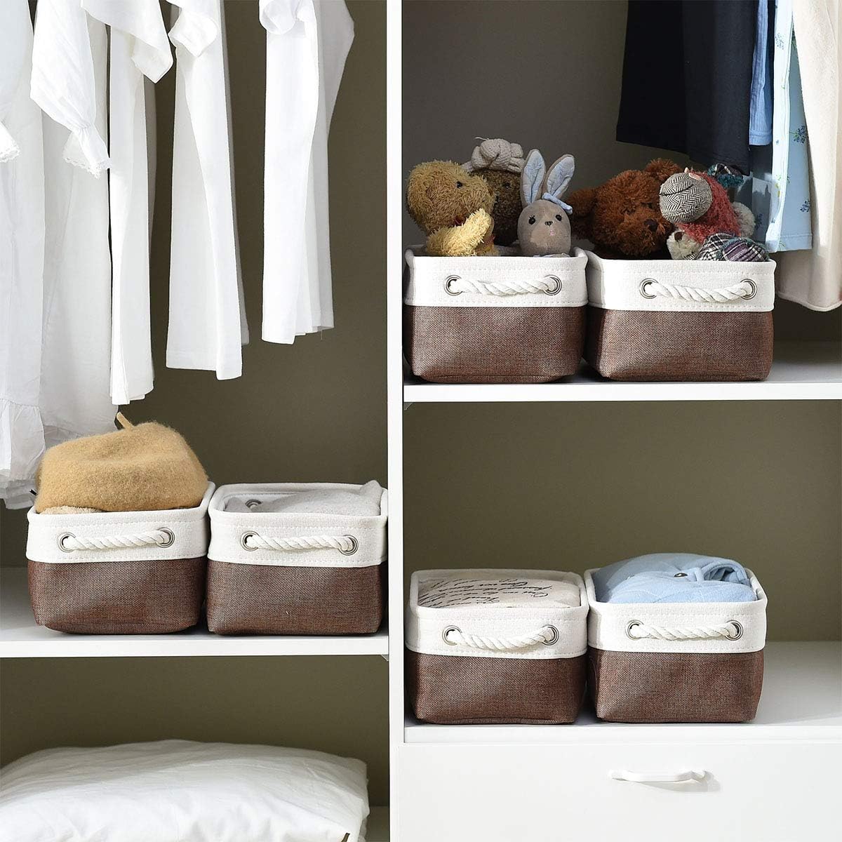 Fabric Storage Bins 12x8x5 inch [6-Pack] with Rope Handles - Decorative Baskets for Organizing