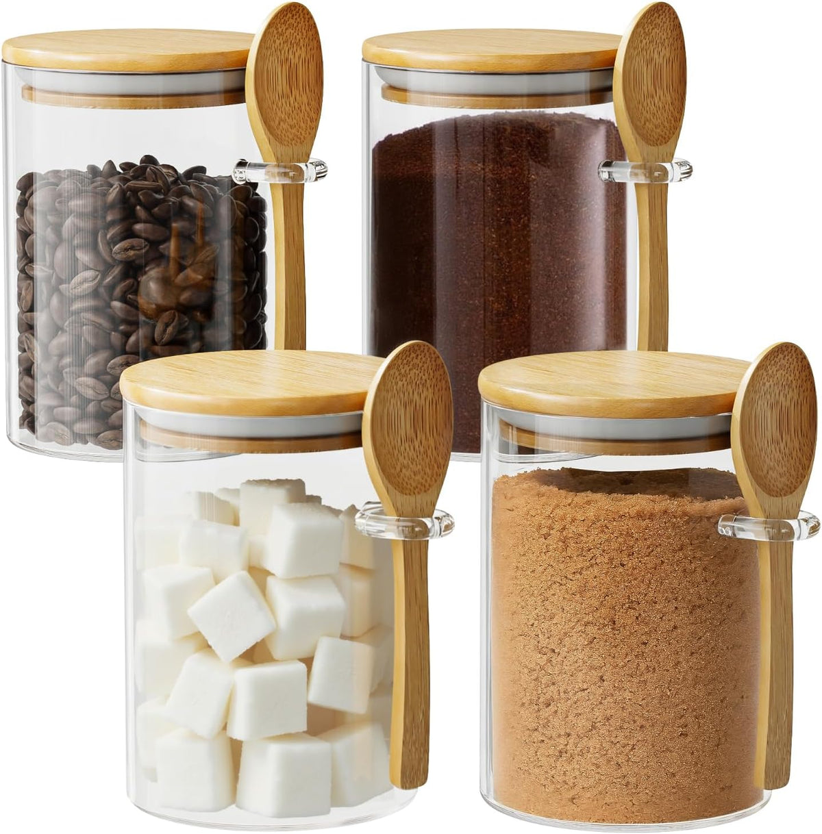 Glass Sugar Container with Spoon - 15oz Glass Jars with Bamboo Lid and Spoon, Bamboo Lid Storage Jar Canister for Coffee Beans, Spice, Brown Sugar, Tea, Flour, Nuts, Candy, Salts and More