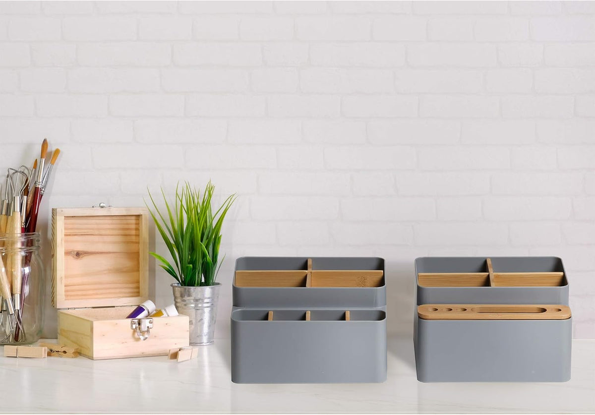 Seville Classics Bamboo Premium Organizer Storage Bins for Kitchen Silverware, Pantry, Closet, Office Desk, Pens, Utensils, Makeup, K Cup, Bamboo, Bag Holder Bin Set