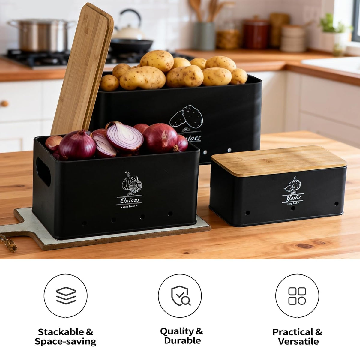 Potato Onion and Garlic Storage Bin Set of 3, Black Metal Kitchen Vegetable Canisters with Bamboo Lid and Aerating Holes, Stackable Kitchen Storage Tin for Countertop Pantry