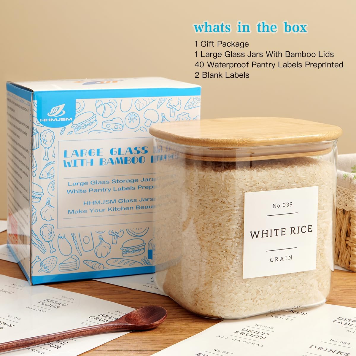 HHMJSM Large Glass Storage Jars With Airtight Bamboo Lid - 100 Fl Oz Thicken Kitchen Glass Food Storage Canister With 42 Pantry Labels - Big Clear Flour And Sugar Containers Farmhouse