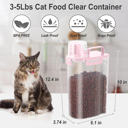 Dog Cat Food Storage Container 3-5lb, Pet Food Container Airtight with Large Spout & Cup, BPA-Free Plastic Food Dispenser for Pet Food, Bird Seed, Rice, Flour (Pink (3L-1pack))