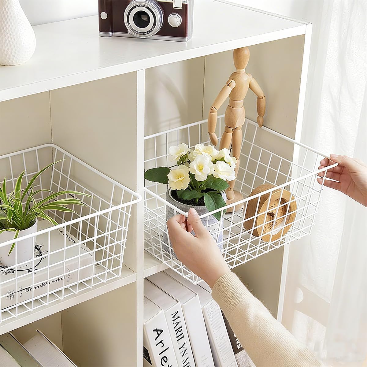 4 Pack White Wire Baskets for Pantry, 11" Upright Wire Freezer Storage Bins with Handles, Small White Metal Storage Basket for Freezer Organizing Office Kitchen Closets