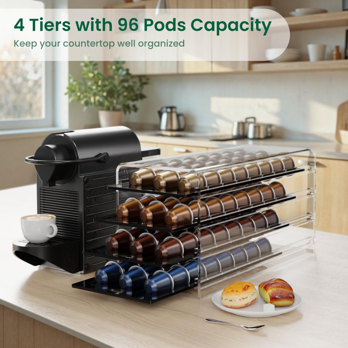 Acrylic Coffee Pod Holder for Nespresso OriginalLine Capsules, 40 Pods Capacity for Countertop Coffee Bar Home Office Kitchen