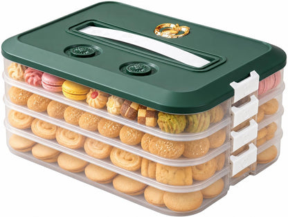 LOEZ 4 Tier Stackable Food Storage Containers, Clear Baked Goods Container for Cookies, Muffins, Macarons and Pizza, Dessert Carrier with Lid (Green)