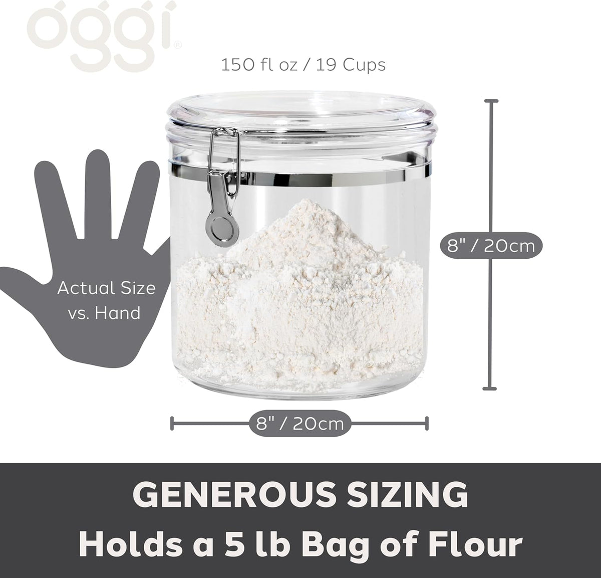 Oggi Clear Canister with Clamp Lid, 28 oz - Large Airtight Food Storage Container, for Kitchen & Pantry Storage of Bulk, Dry Foods Including Pasta, Flour, Sugar, Coffee, Rice, Tea, Spices & Herbs