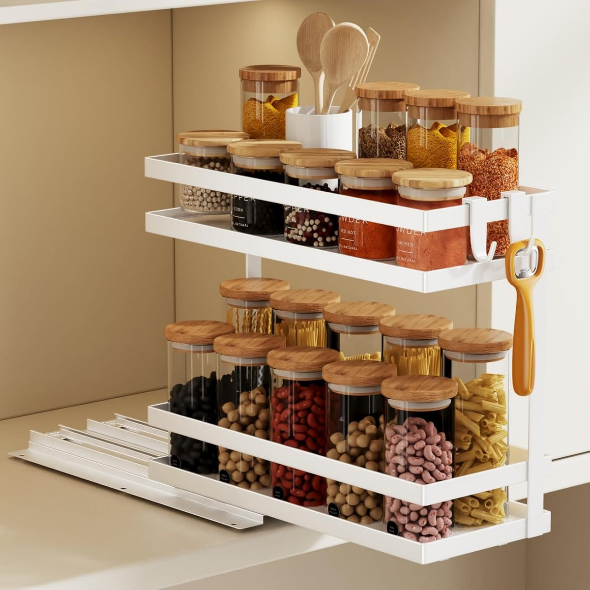 Magheo Pull Out Spice Rack Organizer for Cabinet, Metal Seasoning Organizer Slide Out Spice Storage Shelf No Assembly Vertical Spice Rack Pullout for Kitchen & Bahthroom No Drill(2 Tier,Black)