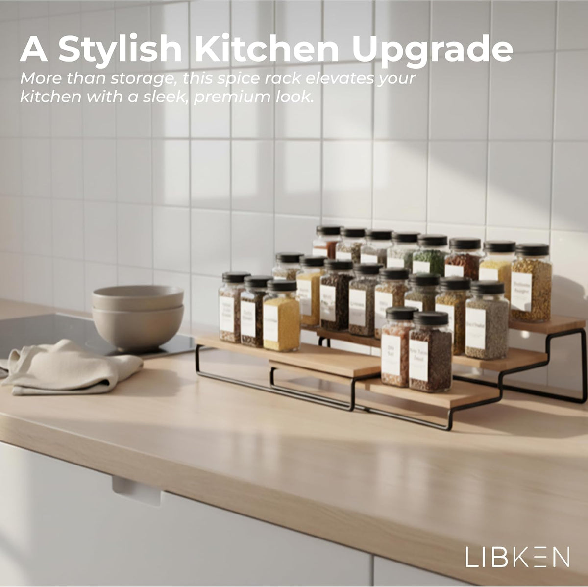 LIBKEN Tiered Spice Rack Organizer – Warm Gray Metal Countertop & Cabinet Spice Stand, Strong & Sturdy 3-Tier Shelf for Kitchen, Pantry, Seasoning Bottles – Minimal Scandinavian Design
