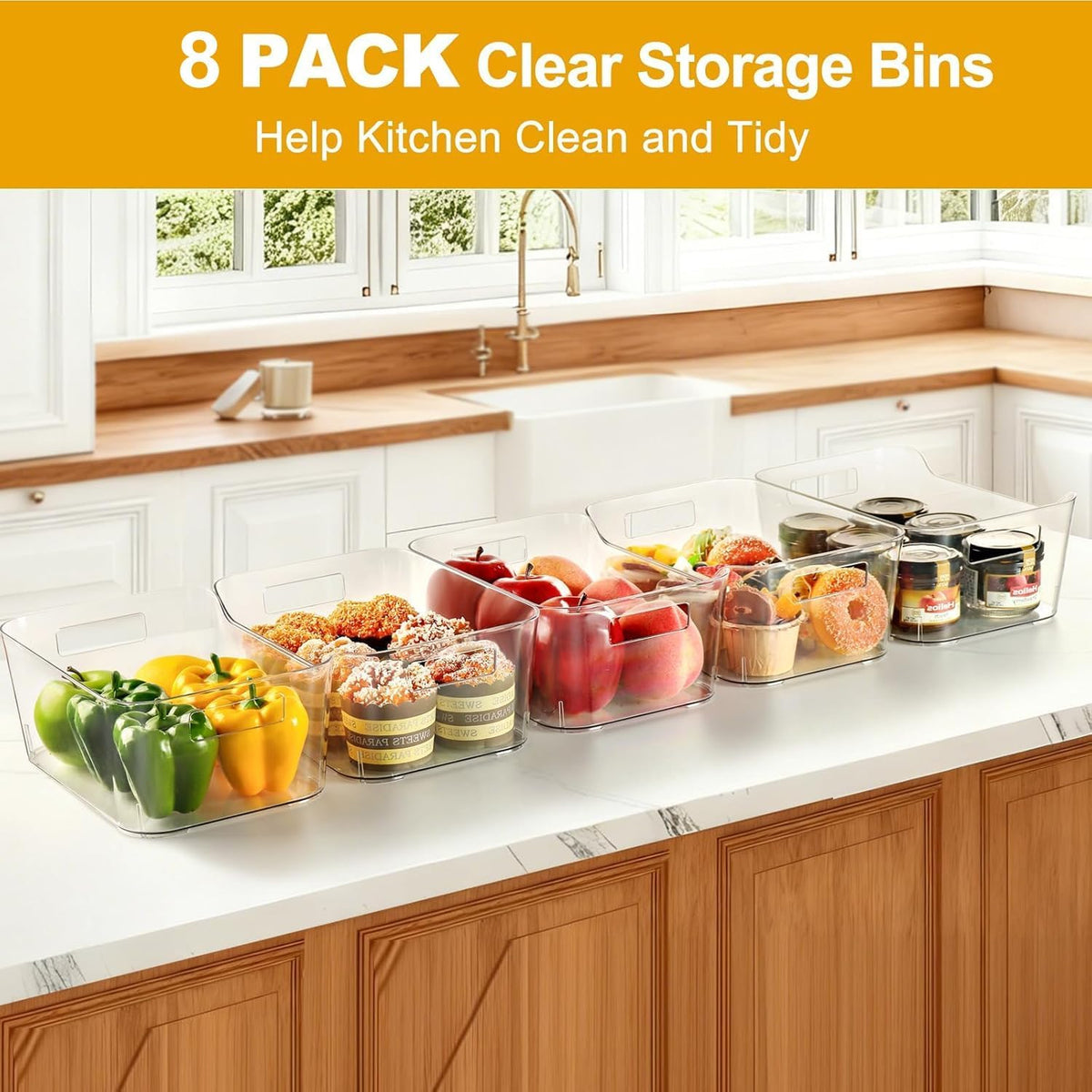 Hudgan 12 Pack Pantry Storage Bins for Kitchen Cabinet, Clear Plastic Organizer Bins for Bathroom, Pantry Organizer Containers for Home Edit, Drawer, Under Sink, Fridge