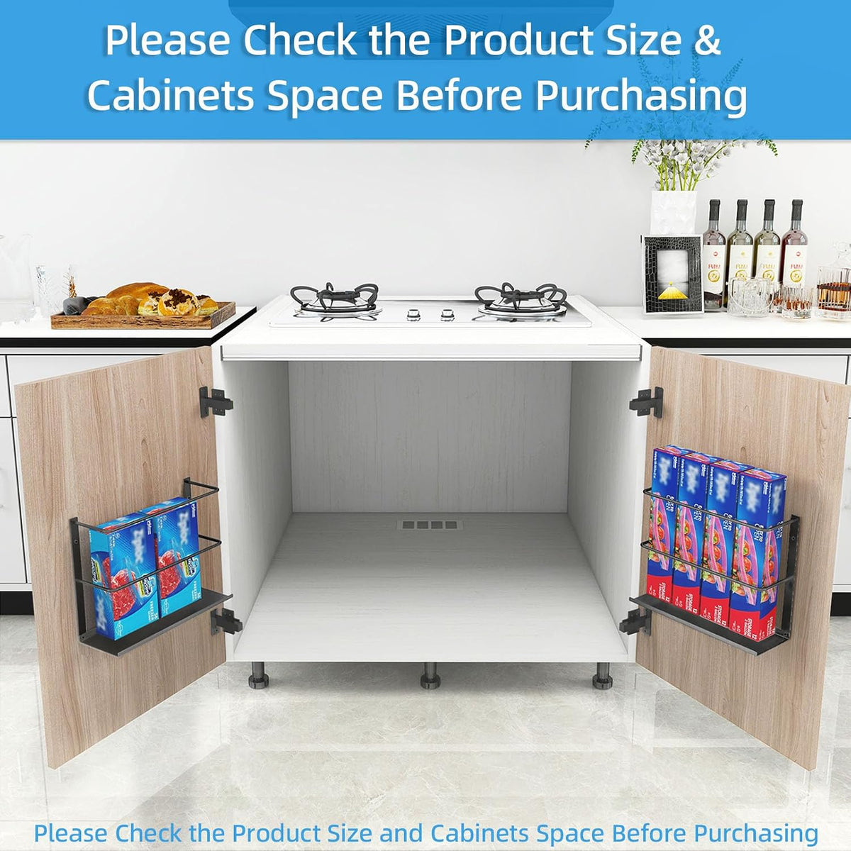 Gypie Kitchen Wrap Organizer Door Mount, Aluminum Foil Holder Cabinet Door Organizer Cabinet Storage Basket for Kitchen Wrap/Food Bag Storage, Black
