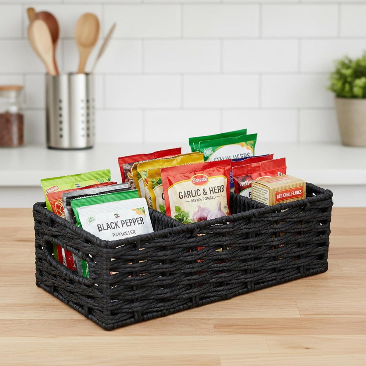 4-Compartment Seasoning Packet Organizer with Removable Dividers, Kitchen Packet Organizer for Spice, Gravy, Taco and Dressing Packets, Pantry Cabinet Countertop Storage Box