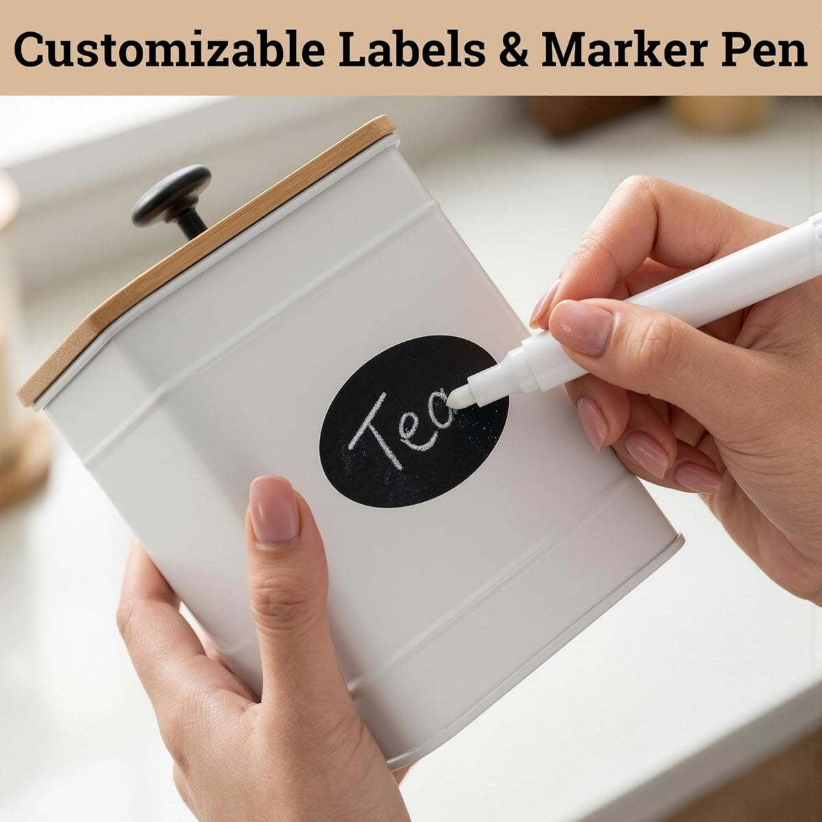 Kitchen Canisters for Countertop Set of 4 with Customizable Chalkboard Labels & Marker Pen - Big Iron Kitchen Canisters with Airtight Lids - Black Canister Set - Flour and Sugar Containers Farmhouse