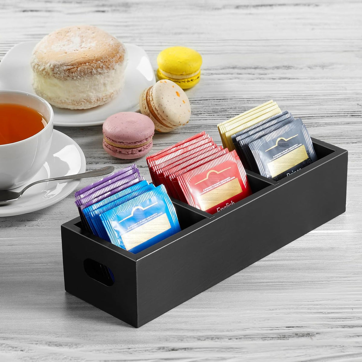 DRASTAR Tea Bag Organizer, Acacia Tea Bag Holder, Tea Storage Containers with 3 Slots, Wooden Tea Storage Accessories, Mini Tea Bag Caddy Box for Countertop