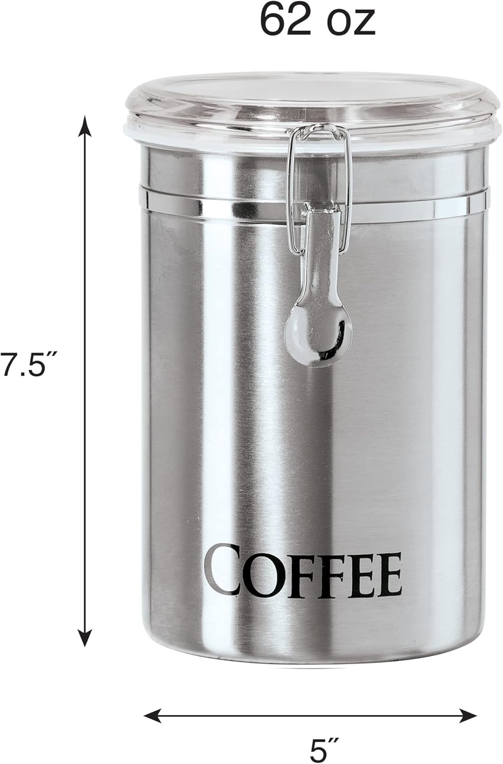 Oggi Stainless Steel Sugar Canister 62 fl oz - Airtight Clamp Lid, Clear See-Thru Top - Ideal Sugar Container for Countertop, Sugar Jar, Bulk Sugar Storage. Large Size 5" x 7.5".