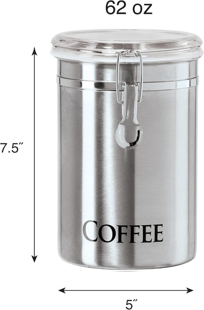 Oggi Stainless Steel Sugar Canister 62 fl oz - Airtight Clamp Lid, Clear See-Thru Top - Ideal Sugar Container for Countertop, Sugar Jar, Bulk Sugar Storage. Large Size 5" x 7.5".