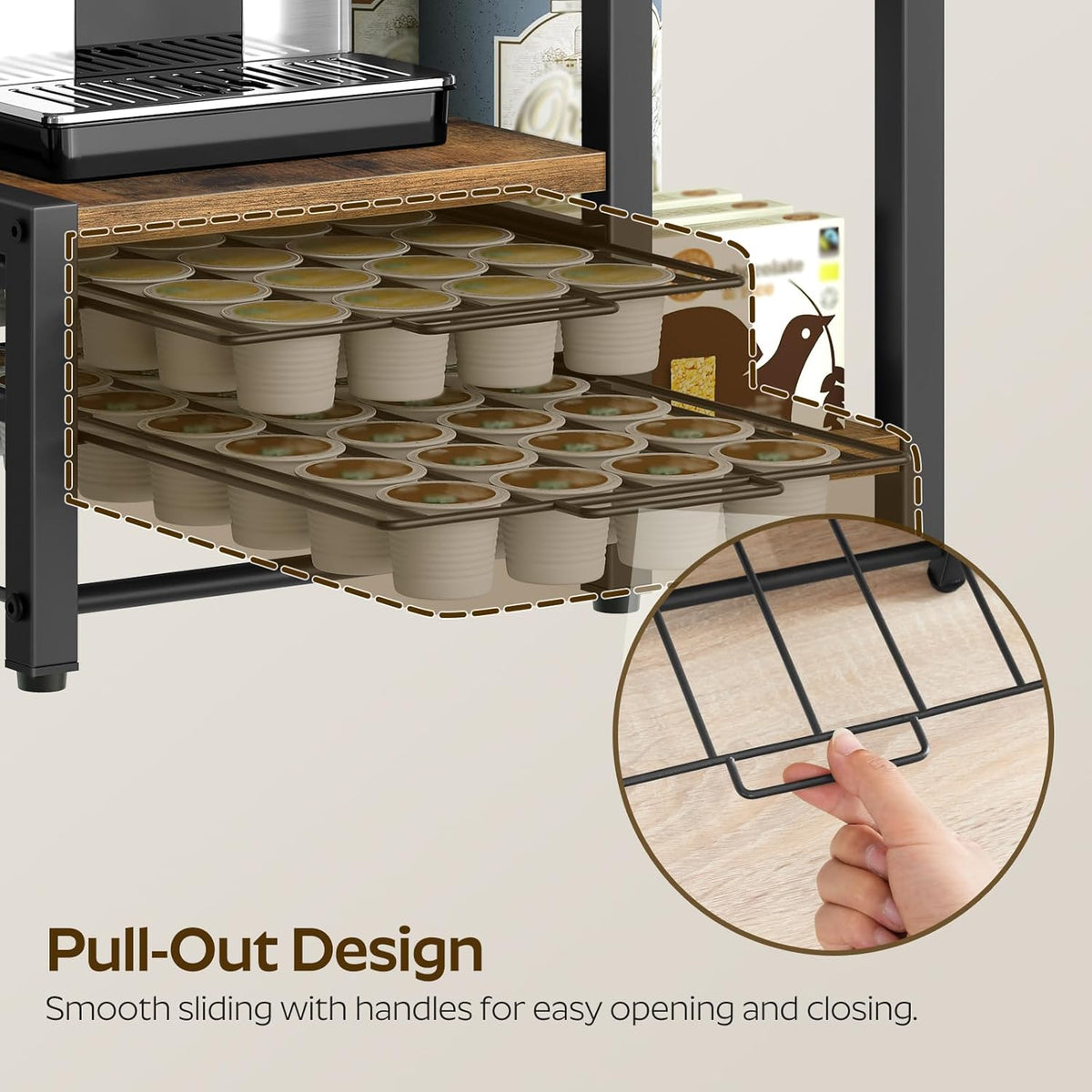 YATINEY Coffee Pod Drawer Holder, Holder for K Cup, Coffee Pod Organizer with 2-Tier Sliding Storage Drawer and Countertop, 56 Pods Capacity, Rustic Brown and Black KH01BR