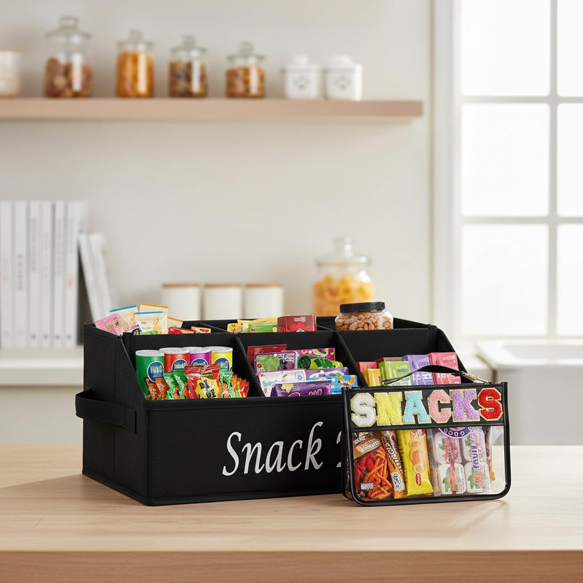 Snack Organizer with Snack Bag, Fabric Snack Basket with Handles, 6 Compartments Snack Container Storage, Clear Snack Bag for Travel Waterproof, Kitchen Pantry Organizer and Storage - Black