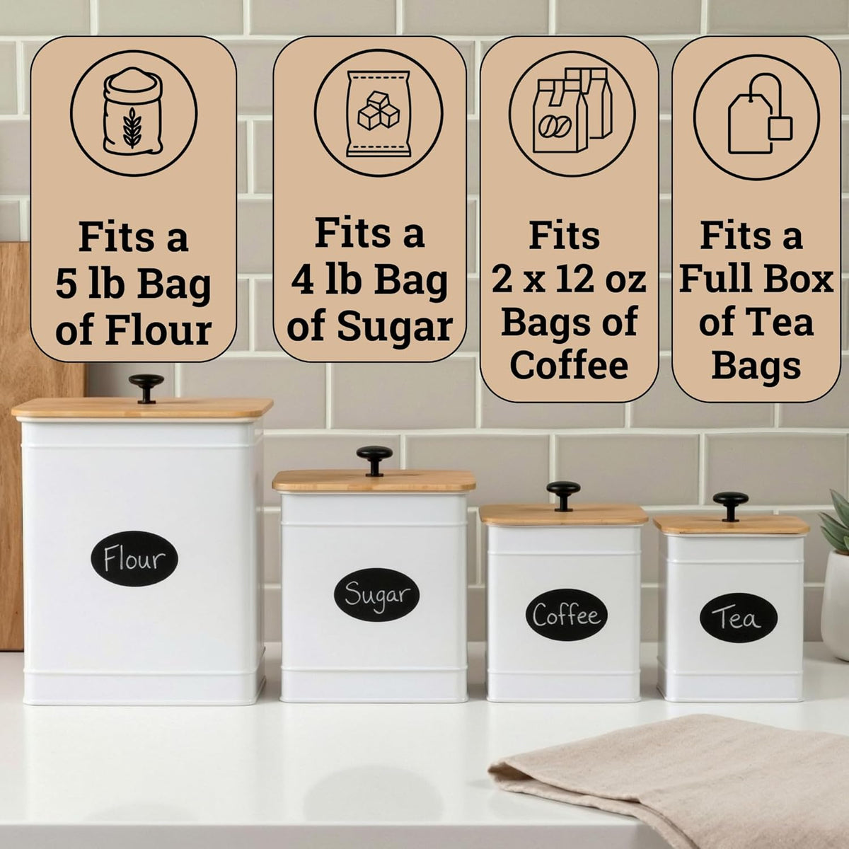 Kitchen Canisters for Countertop Set of 4 with Customizable Chalkboard Labels & Marker Pen - Big Iron Kitchen Canisters with Airtight Lids - Black Canister Set - Flour and Sugar Containers Farmhouse