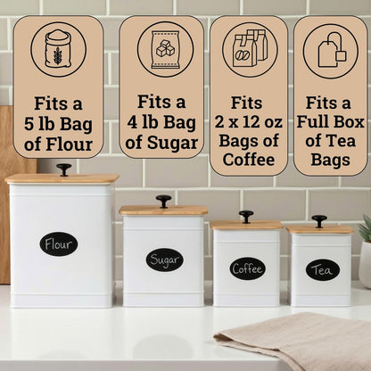 Kitchen Canisters for Countertop Set of 4 with Customizable Chalkboard Labels & Marker Pen - Big Iron Kitchen Canisters with Airtight Lids - Black Canister Set - Flour and Sugar Containers Farmhouse