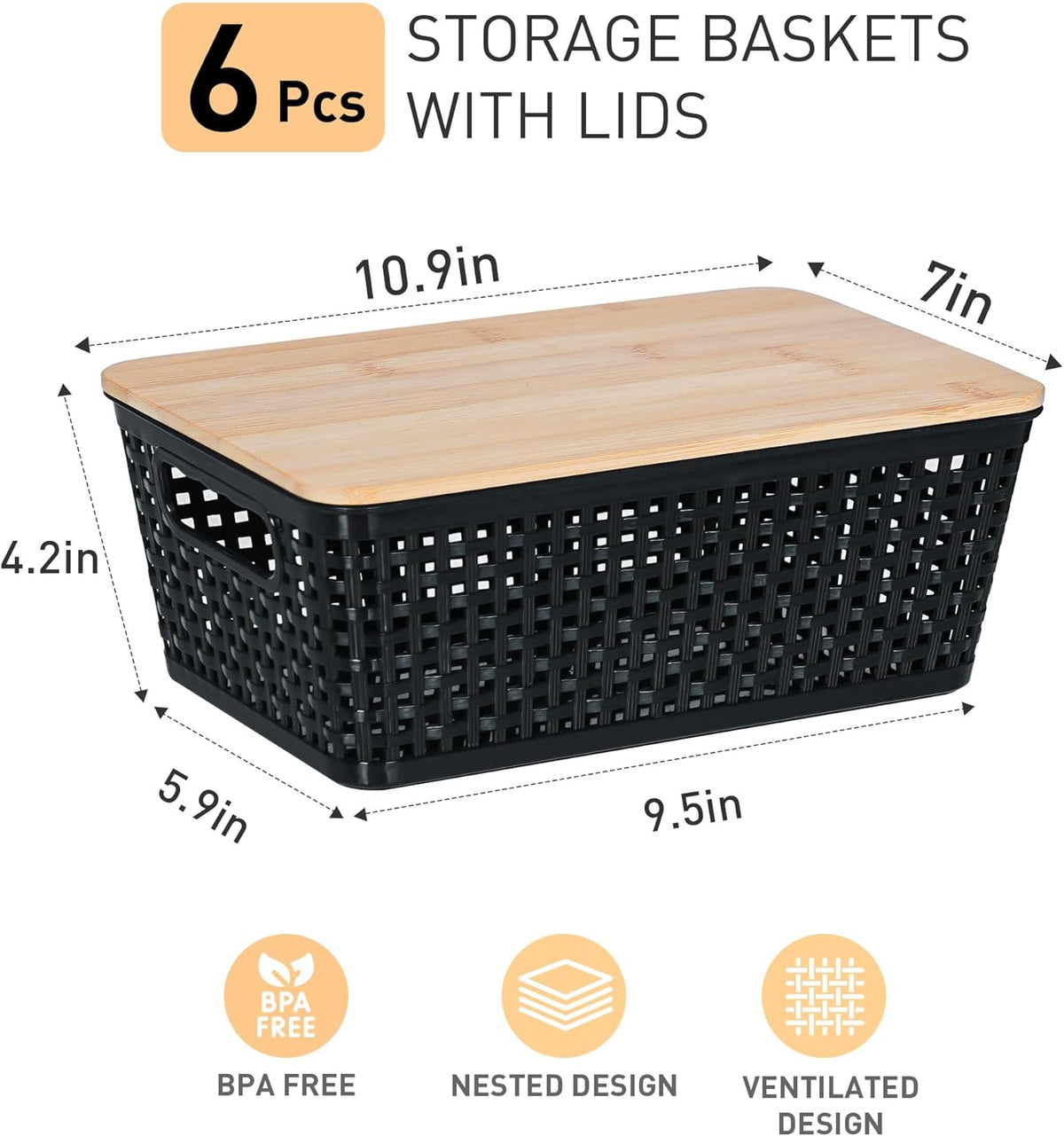 Small Storage Bins with Lids 6 Packs, Plastic Storage Basket with Bamboo Lid for Pantry Organization and Storage Containers for Shelves Drawers Desktop Closet Playroom Office Home, White