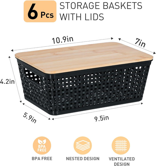 Small Storage Bins with Lids 6 Packs, Plastic Storage Basket with Bamboo Lid for Pantry Organization and Storage Containers for Shelves Drawers Desktop Closet Playroom Office Home, White