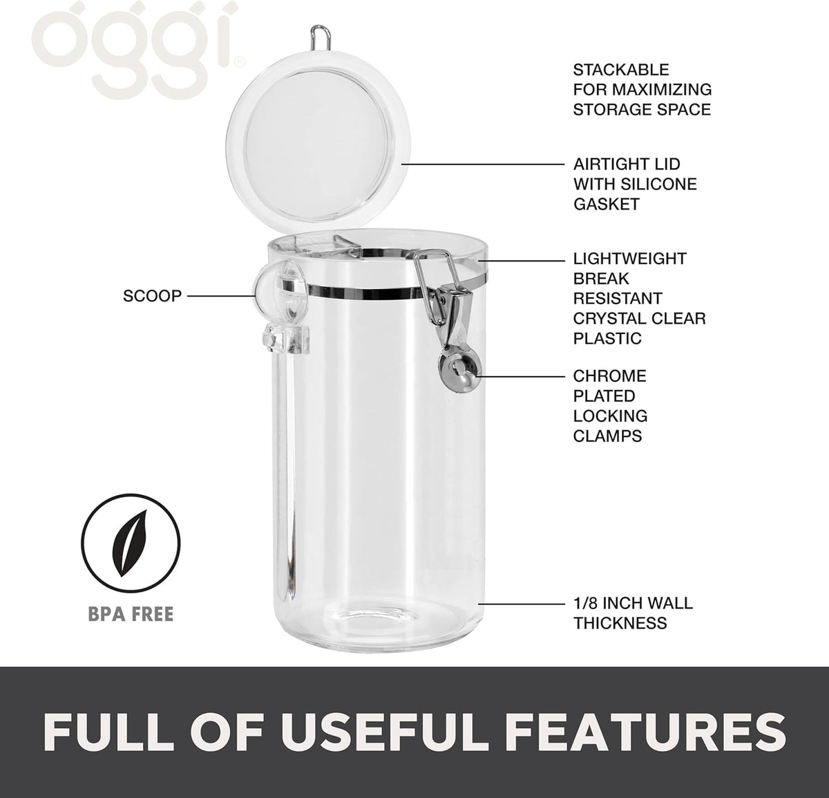 Oggi Clear Canister Set with Clamp Lids & Spoons - Airtight Food Storage Containers, Ideal for Kitchen & Pantry Storage of Bulk, Dry Food Including Flour, Sugar, Coffee, Rice, Tea, Spices & Herbs