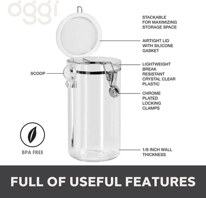 Oggi Clear Canister Set with Clamp Lids & Spoons - Airtight Food Storage Containers, Ideal for Kitchen & Pantry Storage of Bulk, Dry Food Including Flour, Sugar, Coffee, Rice, Tea, Spices & Herbs