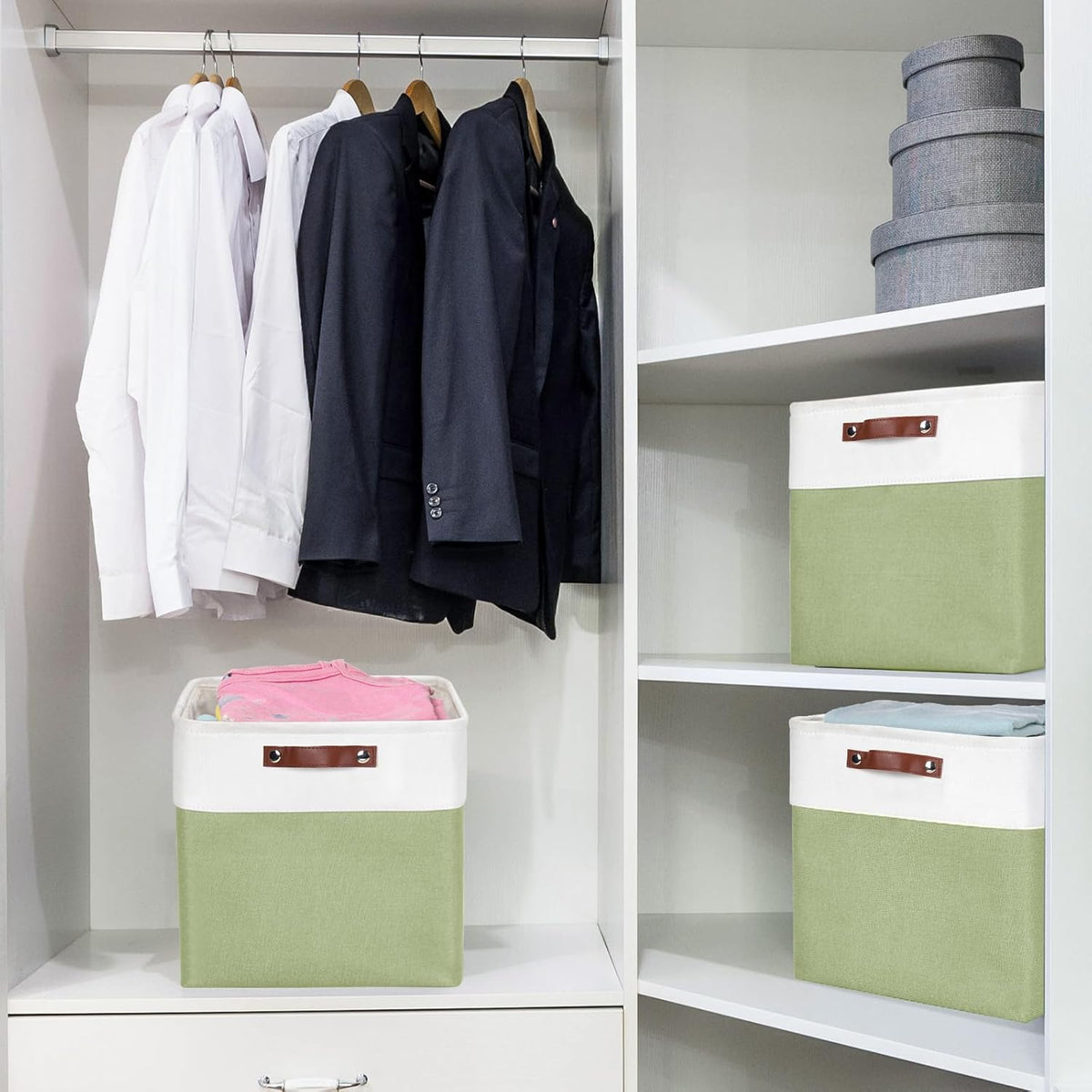 Bagnizer Large Fabric Storage Baskets | 50L Storage Bins, Decorative Linen Closet Baskets with Handles for Organizing, Shelf, Toys, Clothes, Home, Office, Nursery, 17x12x15Inches (Grey&White)