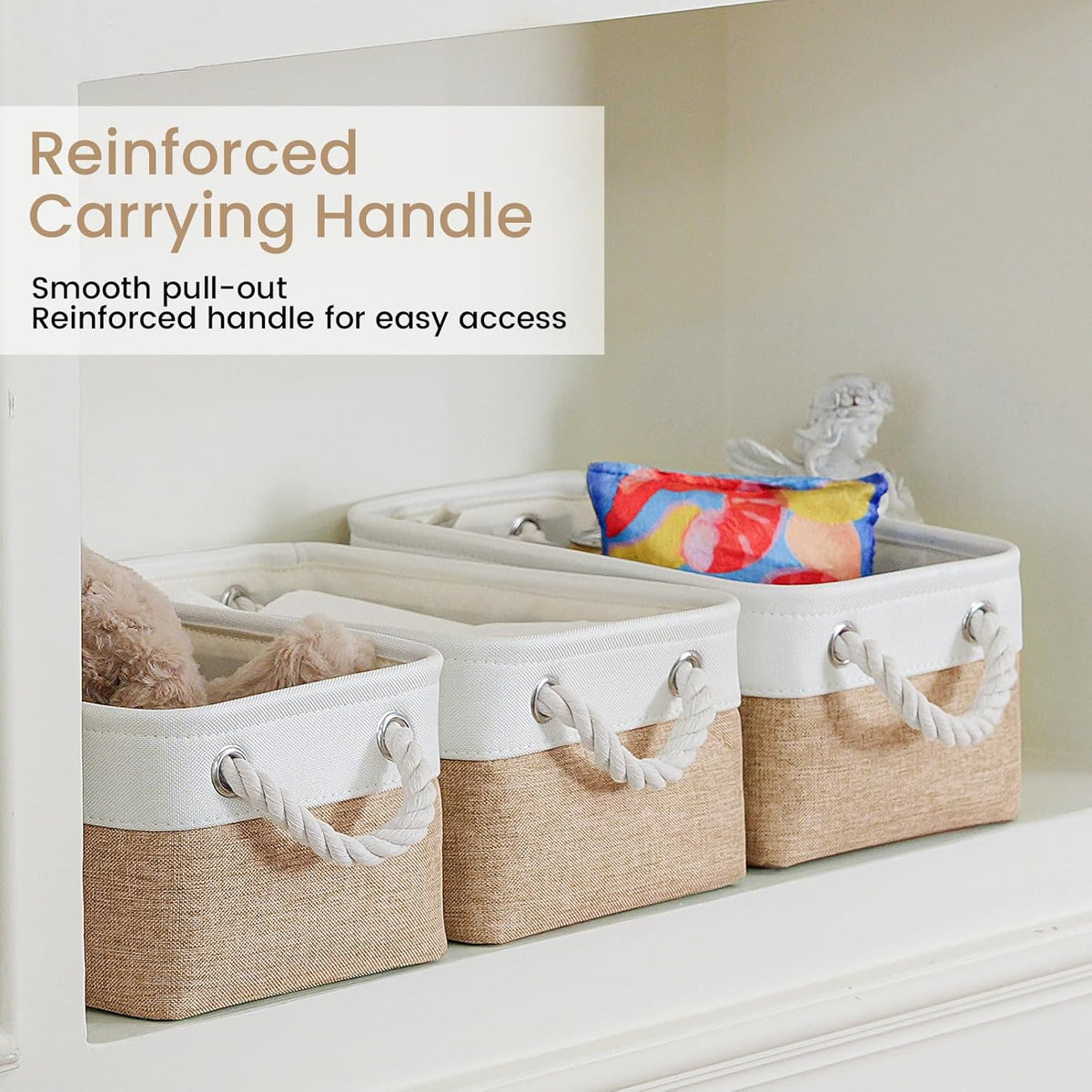Large Storage Baskets- 15.7x11.8x8.26 inch Storage Bins for Shelves and Closet Organizing, Foldable Fabric Bin for Home Organization Clothes and Laundry (3-Pack, White&Khaki)