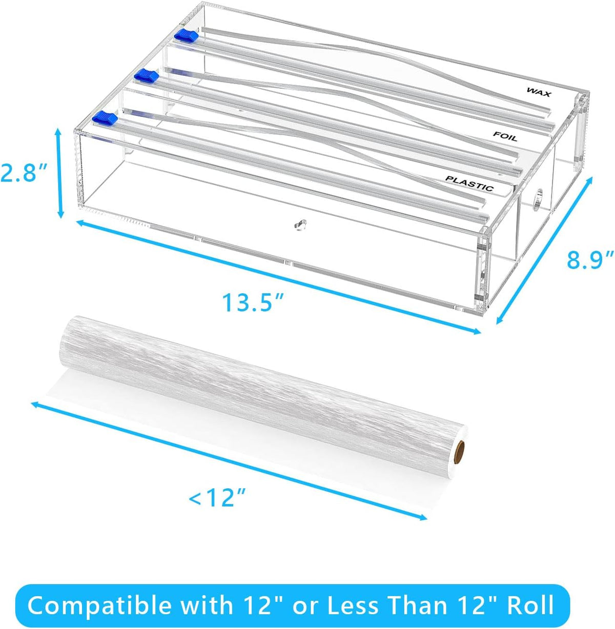 Tin Foil Organizer for Drawer with 12 Labels, Plastic Wrap Dispenser with Cutter, 3 in 1 Acrylic Aluminum Foil Holder, 2 Drawer Organizer for Kitchen Compatible with 12" Roll