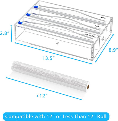 Tin Foil Organizer for Drawer with 12 Labels, Plastic Wrap Dispenser with Cutter, 3 in 1 Acrylic Aluminum Foil Holder, 2 Drawer Organizer for Kitchen Compatible with 12" Roll