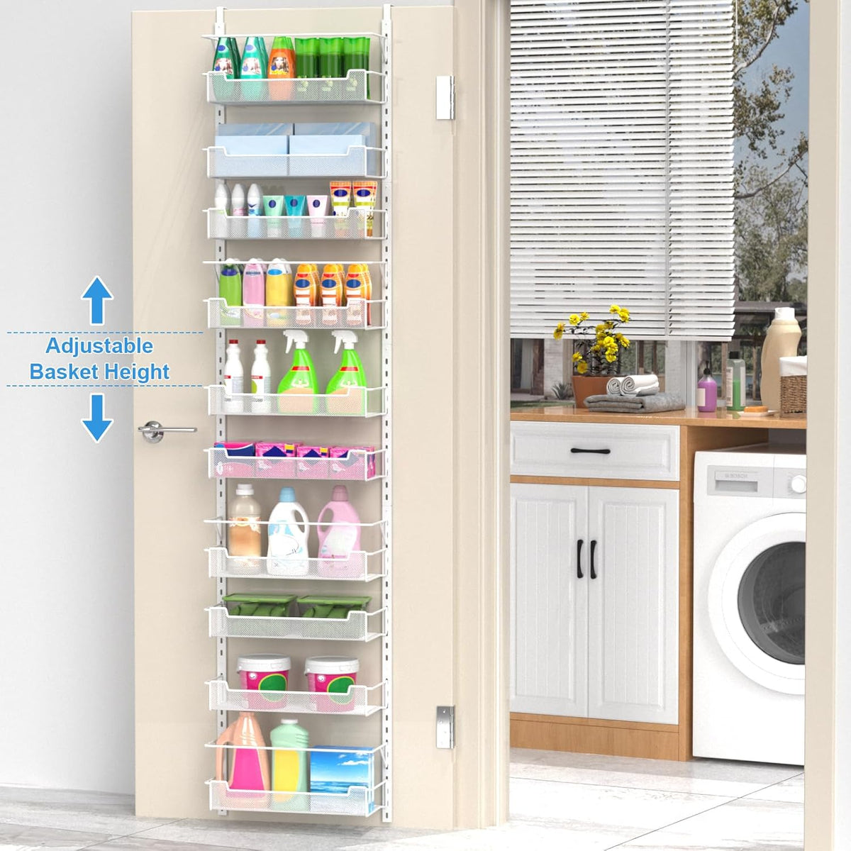 VyGrow 12.3" W Narrow Over the Door Pantry Organizer, 6-Tier Over the Door Organizer with Adjustable Basket, Pantry Door Organization for Pantry Kitchen Storage Room Spice Rack, White