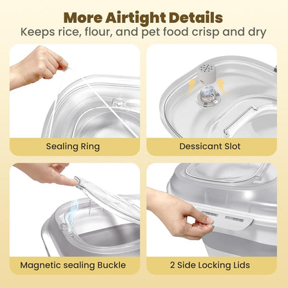 HOYTAMDAR 20-50Lbs Rice Container,Collapsible Food Storage Containers with Airtight Clear Lid,Wheels,Rice Storage Container with Small Bin and Scoop,Rice Dispenser for Flour Sugar Cereal Grain Dog Cat