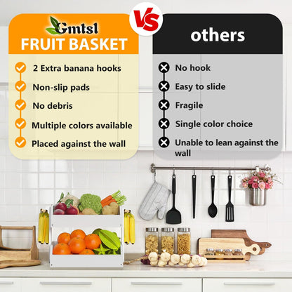 Gmtsl Bamboo Fruit Basket for Kitchen – 3 Tier Fruit Bowl For Kitchen Counter, Large Fruit Holder With 2 Banana Hangers, Idea For Fruit and Vegetable Storage, Bread Basket, Snack Organizer(BLACK)