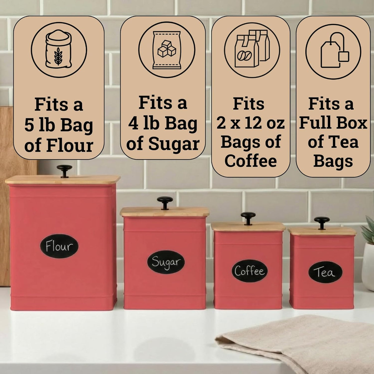 Kitchen Canisters for Countertop Set of 4 with Customizable Chalkboard Labels & Marker Pen - Big Iron Kitchen Canisters with Airtight Lids - Black Canister Set - Flour and Sugar Containers Farmhouse