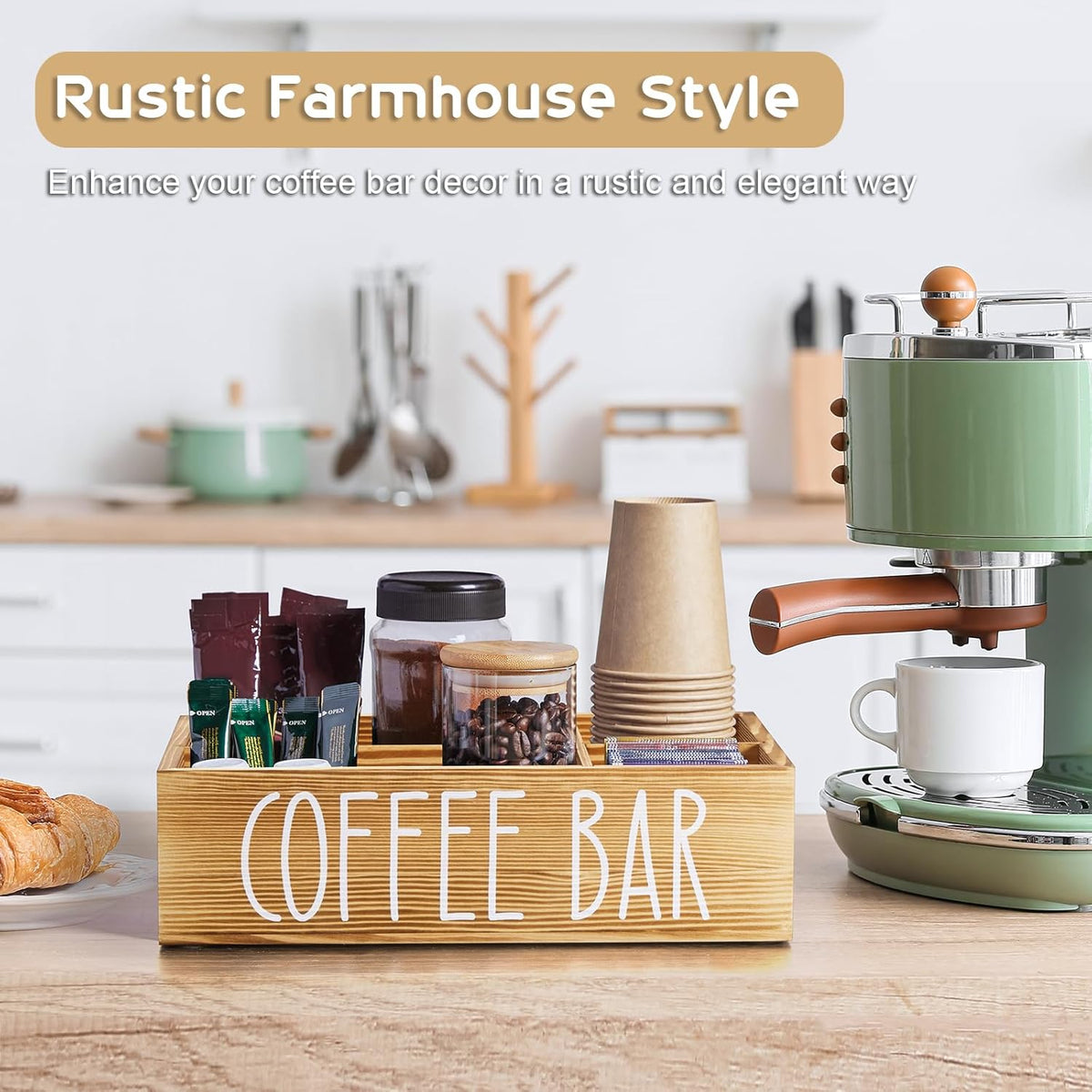 ALELION Coffee Station Organizer - Wood Countertop Accessories Organizer with Removable Dividers for Pods Condiment Syrup Tea Cups Stirrers - for Farmhouse Coffee Bar Decor
