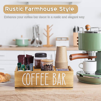 ALELION Coffee Station Organizer - Wood Countertop Accessories Organizer with Removable Dividers for Pods Condiment Syrup Tea Cups Stirrers - for Farmhouse Coffee Bar Decor