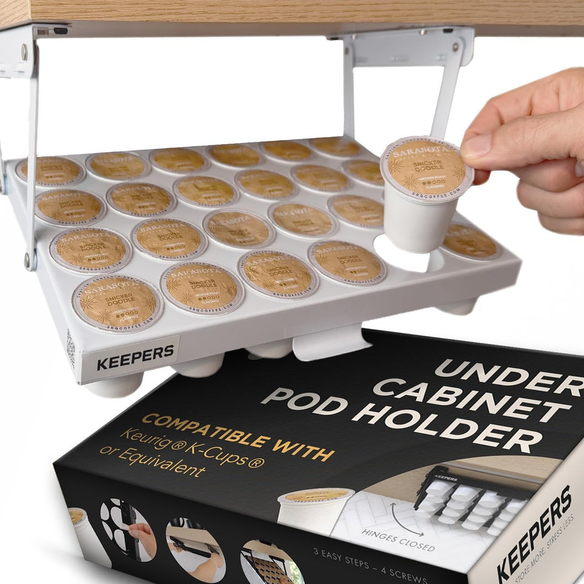 COFFEEKEEPERS KEEPERS Under Cabinet K Cup Holder with Swing-Down Access – Space-Saving Coffee Pod Holder and K Cup Organizer for 24 Pods – Steel Coffee Pod Organizer with Easy DIY Installation