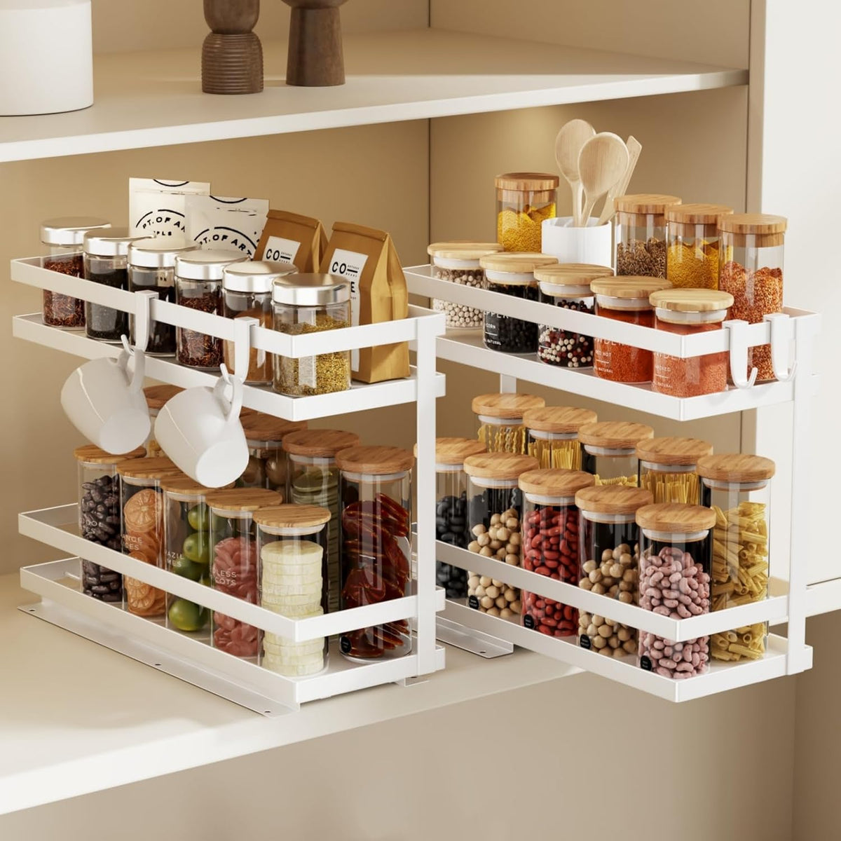 Magheo Pull Out Spice Rack Organizer for Cabinet, Metal Seasoning Organizer Slide Out Spice Storage Shelf No Assembly Vertical Spice Rack Pullout for Kitchen & Bahthroom No Drill(2 Tier,Black)
