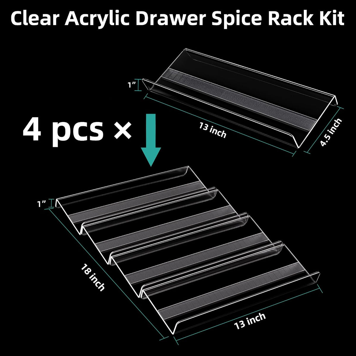 MIUKAA Acrylic Spice Drawer Organizer, 4 Tier - Seasoning Organizer for Drawer, Expandable From 13" to 26" Kitchen Drawer Spice Rack with Slip-Proof Mat (Jars not Included)