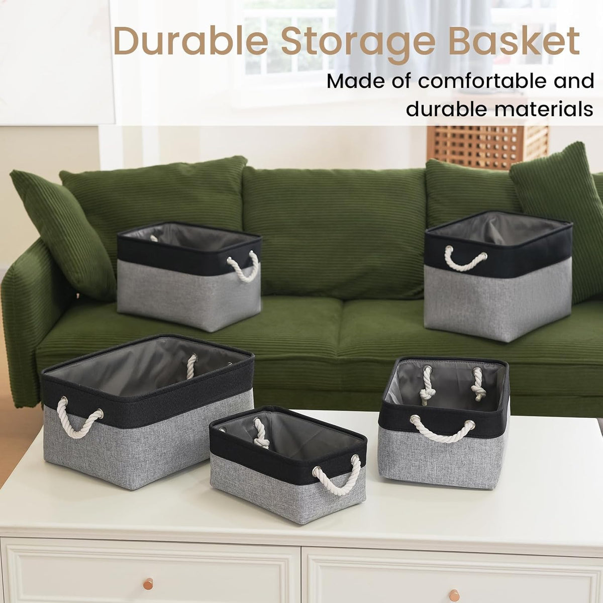 Large Storage Baskets- 15.7x11.8x8.26 inch Storage Bins for Shelves and Closet Organizing, Foldable Fabric Bin for Home Organization Clothes and Laundry (3-Pack, White&Khaki)