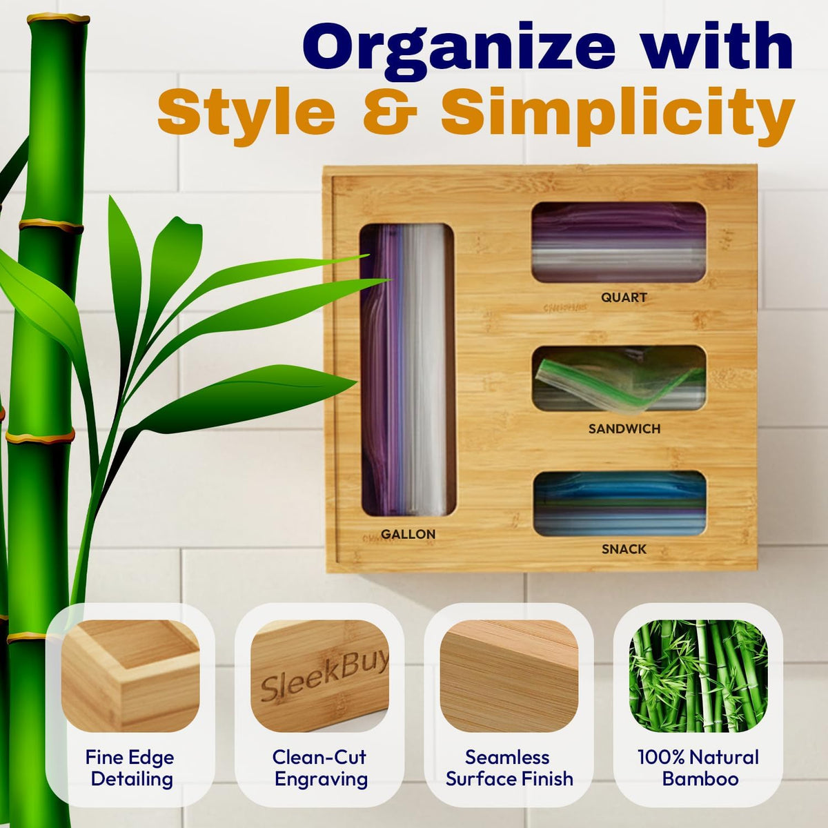 Storage Bag Organizer for Kitchen Drawer, Bamboo Bag Storage with 4 Slots, Plastic Bag Holder with Laser Engraved Labels & Screws, Space-Saving Kitchen Essential for Pantry, Apartment, and Home Use
