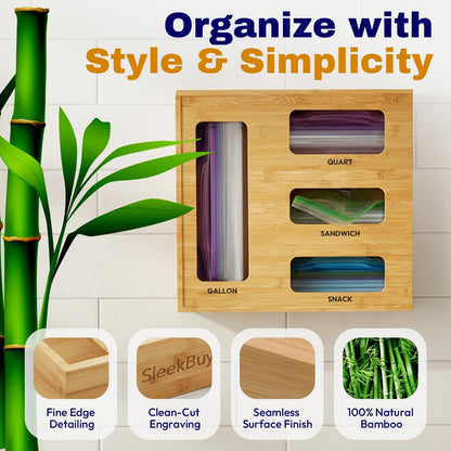 Storage Bag Organizer for Kitchen Drawer, Bamboo Bag Storage with 4 Slots, Plastic Bag Holder with Laser Engraved Labels & Screws, Space-Saving Kitchen Essential for Pantry, Apartment, and Home Use