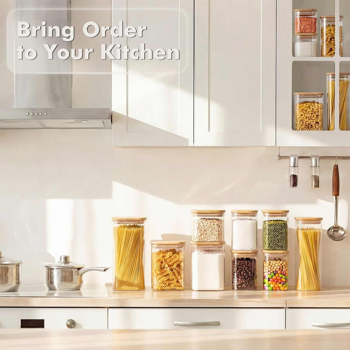 3-Pack 2.2Qt Square Glass Spaghetti Jars with Bamboo Lids, Tall Food Storage Containers for Pantry Organization, Elegant Kitchen Storage Canister for Pasta, Penne, Macaroni, Lasagna, Fusilli