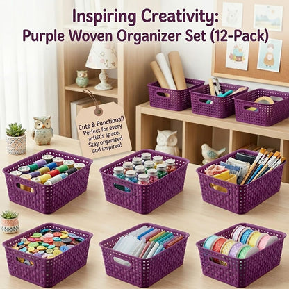 Khaki Stackable Storage Baskets, Plastic Weave Basket Organizer and Storage Set of 12, Pantry Organizing Baskets for Shelves, Kitchens, Bathrooms, Classrooms, Cabinets and Bedrooms