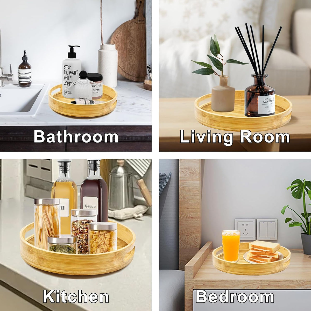 Acacia Wooden Lazy Susan for Table Top-12 Inch Wooden Lazy Susan Turntable with Double Handle-Large Acacia Wooden-Spice Organizer for Countertop, Table, Cabinet