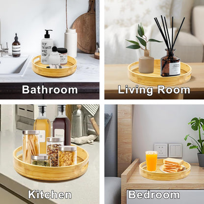 Acacia Wooden Lazy Susan for Table Top-12 Inch Wooden Lazy Susan Turntable with Double Handle-Large Acacia Wooden-Spice Organizer for Countertop, Table, Cabinet