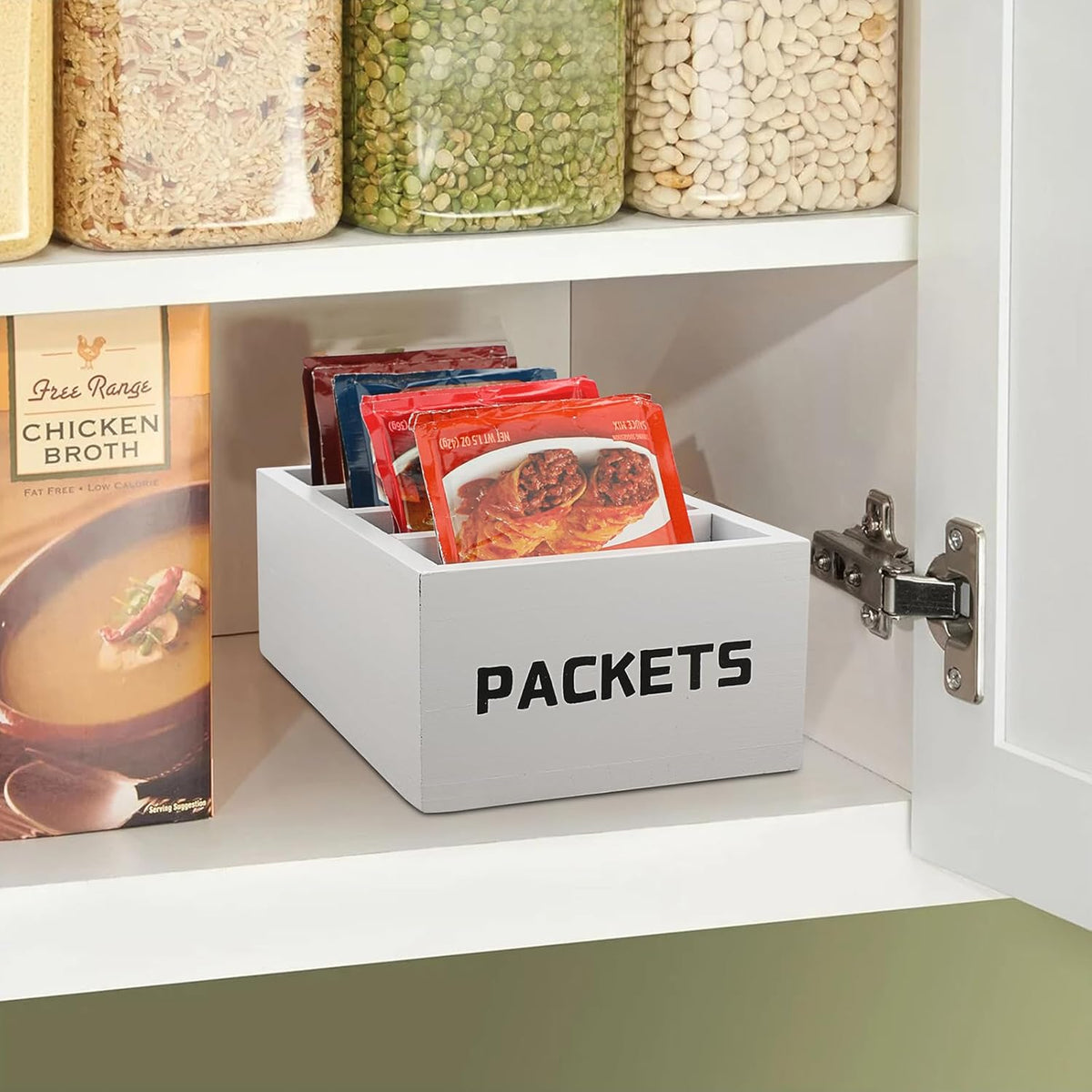 BSTKEY Seasoning Packet Organizer, Food Packet Storage Organizer with 4 Compartments, Wooden Storage Caddy for Kitchen Pantry Cabinet, Farmhouse Kitchen Organization Bin for Snacks Spice Packets